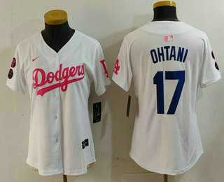 Womens Los Angeles Dodgers #17 Shohei Ohtani White Pink With Patch Limited Stitched Jersey